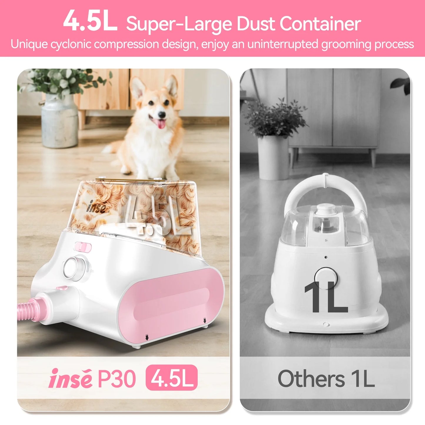 Grooming Vaccum, 4.5L Large Capacity Pet Grooming Kit & 5-In-1 Ultra-Low Noise Pet Grooming Vacu for Dog, Cat